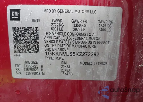 2019 GMC Acadia Slt-1 from USA, damaged, VIN 1GKKNVLS5KZ272292